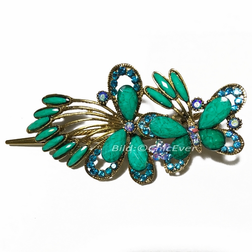 Haarspange Schmetterlinge aus Metall, Strass & Acryl, grün, 4500d - zum Schließen ins Bild klicken